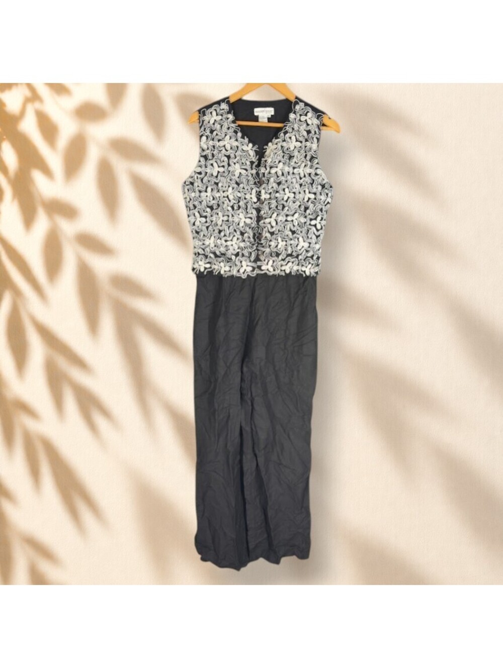 Newport News Jumpsuit Women 14 Black Floral Straight Button Linen Lined Casual